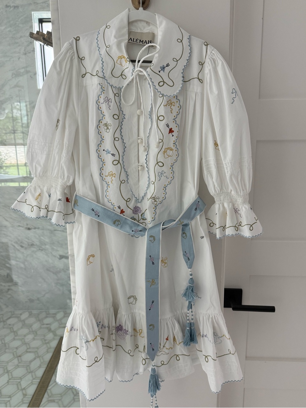 Alemais Giulia Embroidered White Cotton Mini Dress with Blue Sash - Picture 4 of 7